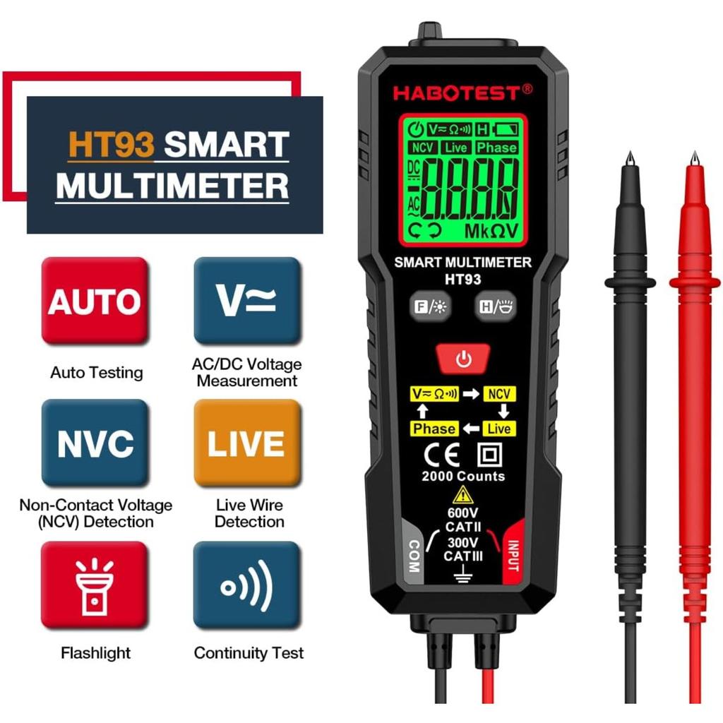 Weytoll HT93 Digital Multimeter Voltage Tester 2000 Counts Volt Meter Ohmmeter Auto-Ranging Accurately Measures AC/DC Voltage Resistance with