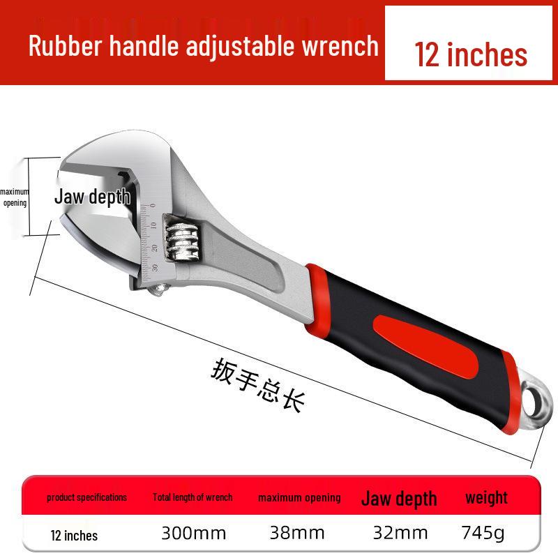 Rubber-coated adjustable wrench for auto repair, vehicle maintenance, and household use with open-end plastic handle.