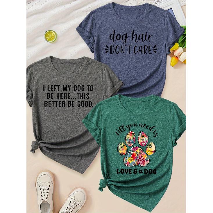 Women s Elegant Style Colorful Pattern Dog Paw Print Letter Pattern Printed Round Neck Women s Spring Summer Autumn Set3Short-sleeved shirt T S