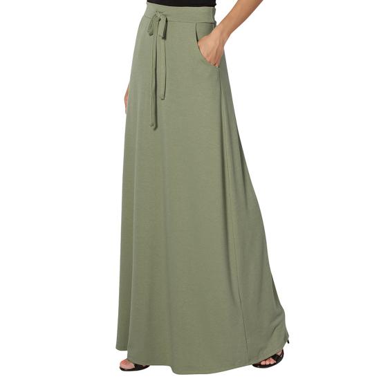 Women Maxi Skirt Adjustable Drawstring High-Waisted Solid Color Long Skirt with Pockets Casual Work Skirt