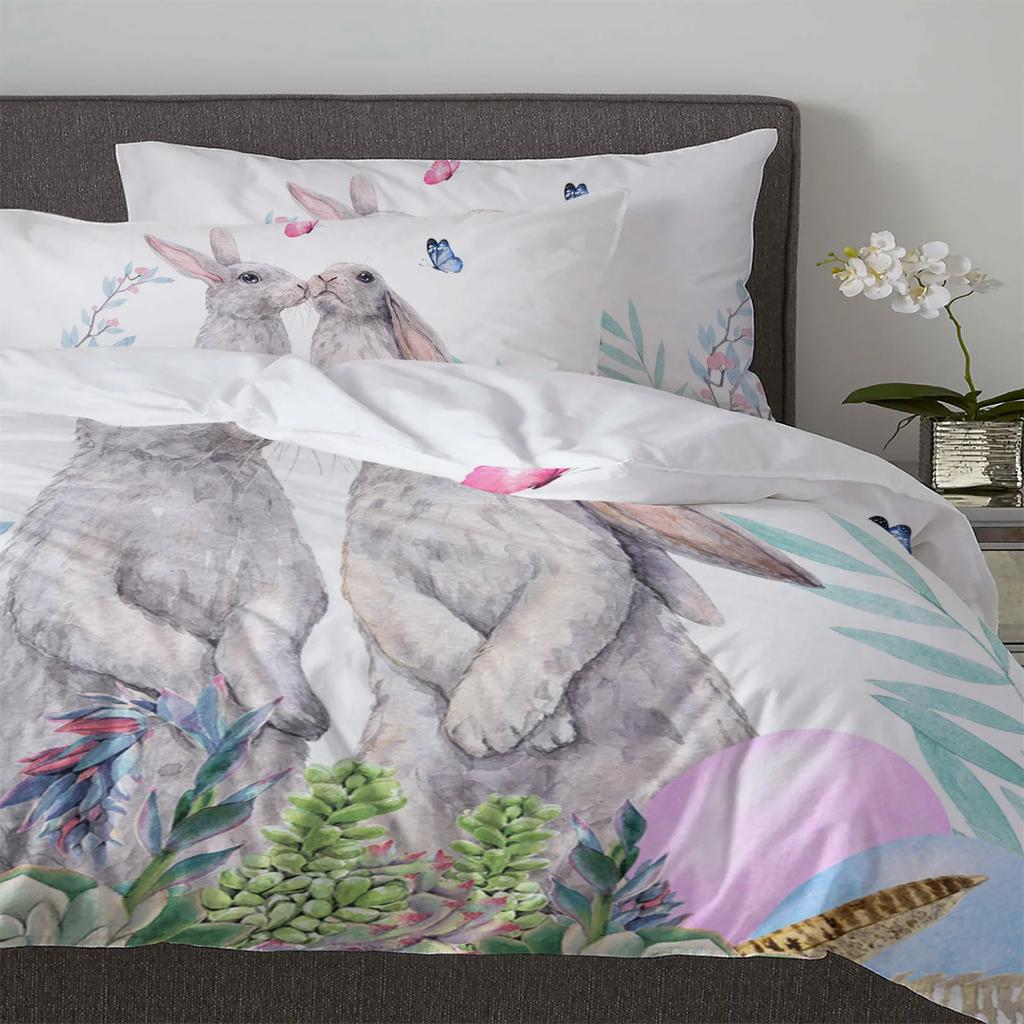 Vibrant Warm Double Quilt Easter Bunny Flower Butterfly Watercolor Rabbit 3pcs For Bed Home Textile