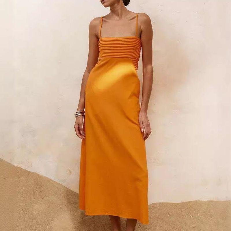 

Летнее платье с низким вырезом, сексуальное, на бретелях, длинное, универсальное, для женщин, с принтом, плиссированное, модное, с темпераментом, с высокой талией Orange L