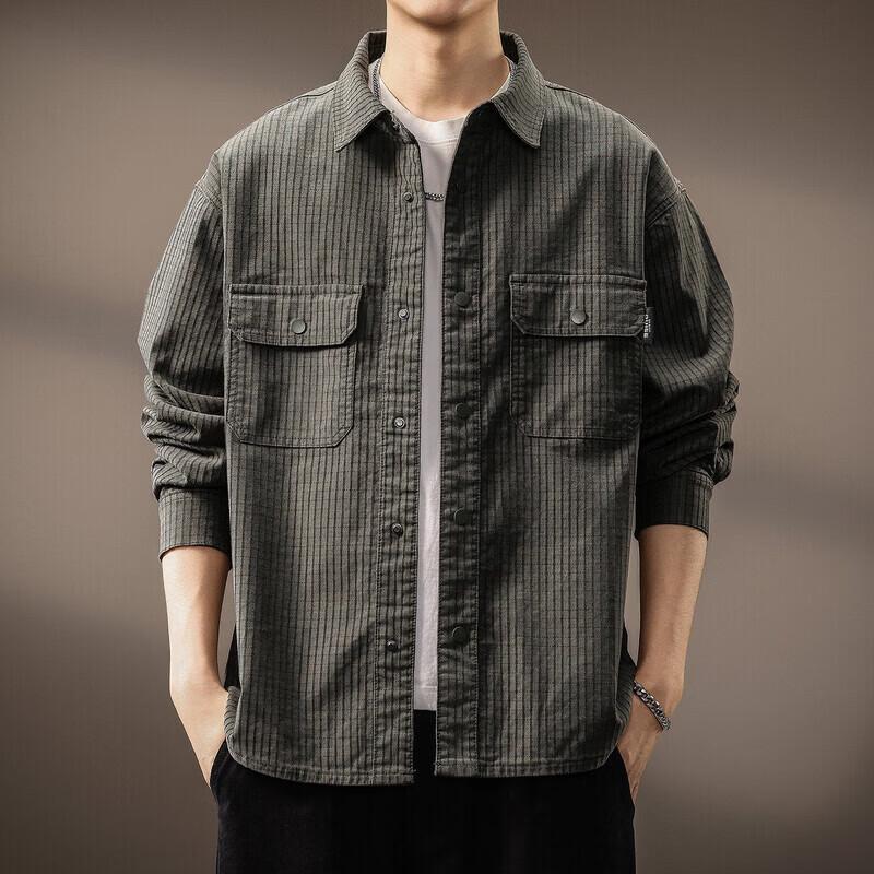 Мужская американская ретро рубашка с текстурой, свободного кроя, с длинным рукавом 3XL
