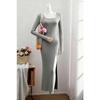 European & American Square Neck Long Sleeve Black Dress for Spring/Summer