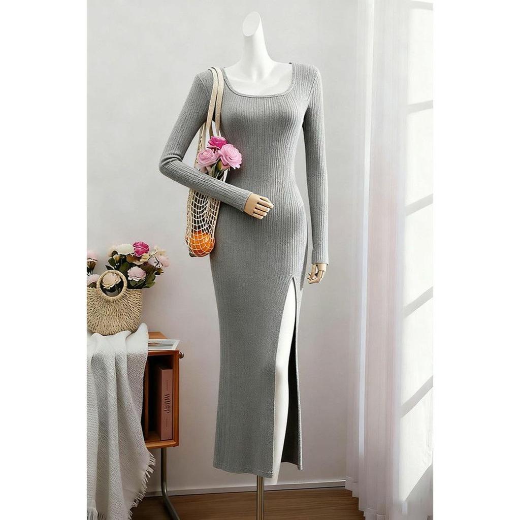 European & American Square Neck Long Sleeve Black Dress for Spring/Summer