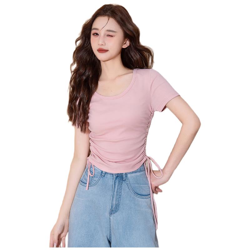 TonLion 2026 Spring Women s Knit U-Neck Drawstring Short Sleeve Tee M