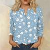 Camisa Vintage para Mujer con Estampado Floral, Cuello Henley con Botones, Manga Tres Cuartos, Blusa Casual de Algodón y Lino