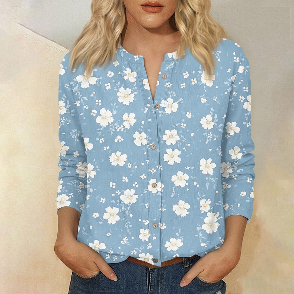 Camisa Vintage para Mujer con Estampado Floral, Cuello Henley con Botones, Manga Tres Cuartos, Blusa Casual de Algodón y Lino