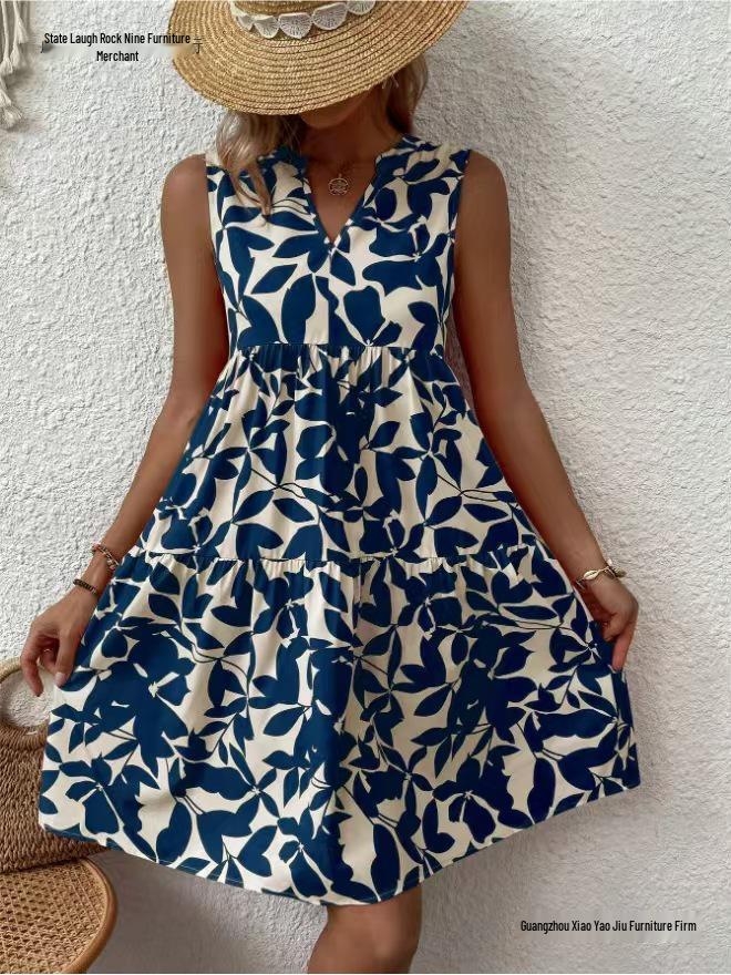 V-neck Sleeveless Printed Dress - Summer 2026 European & American Fashion for Women
