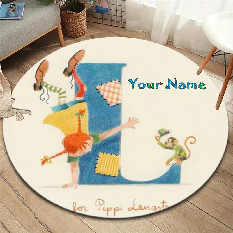 Pippi Longstocking Custom Name Round Area Rug,Carpet Rug for Living Room Bedroom Sofa Playroom Decor,Non-slip Floor Mat