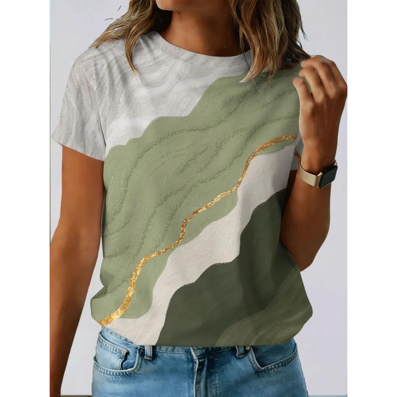 Fashion Women's Crew Neck Short Sleeve 3D Color Printing Striped Short Sleeve Crew Neck T-Shirt