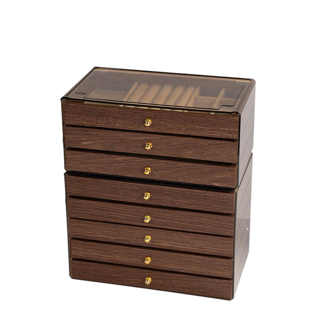 Antique Chinese Walnut Wood Multi-layer Jewelry Box with Drawers for Rings, Earrings, and Necklaces