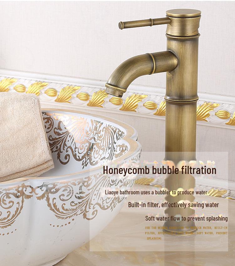 Baterie de baie europeană antică din cupru cu bambus – Baterie pentru lavoar cu apă caldă/rece pentru chiuvete deasupra blatului