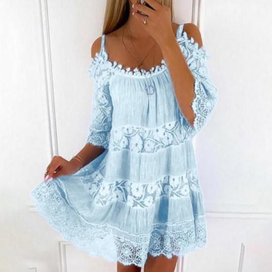 Lady Casual Summer Lace Half Sleeves Scoop Neck Short Dress