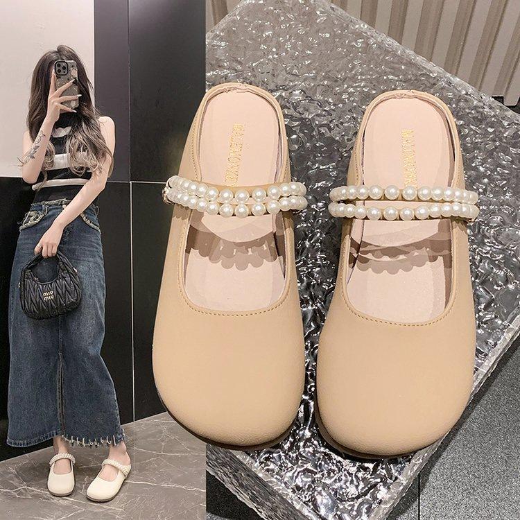 Baotou half slippers women's summer wear 2025 new flat Mary Jane single shoes pearl one pedal Muller sandals