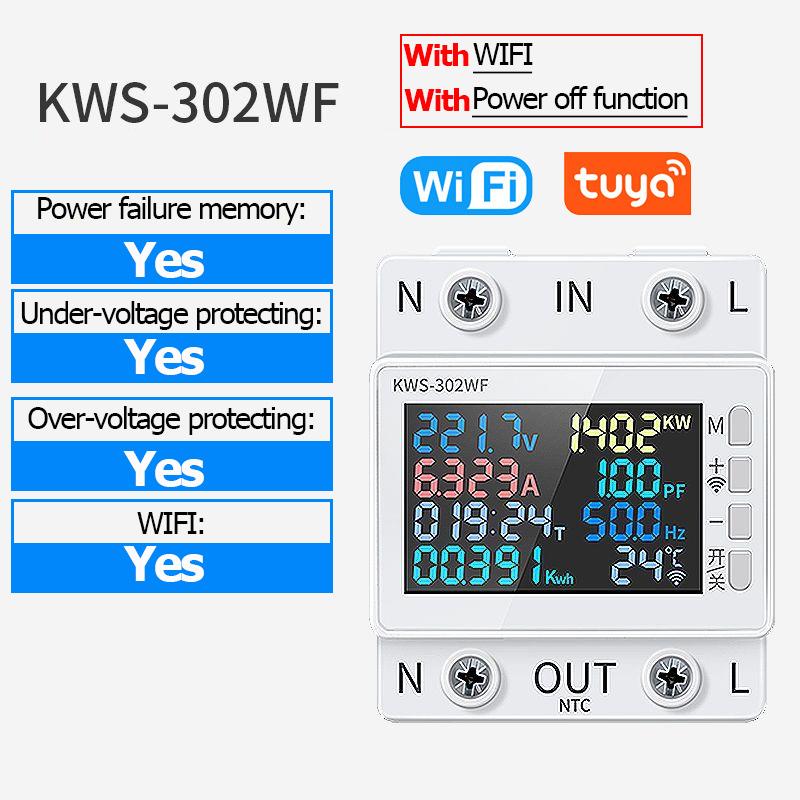 Tuya WiFi 8in1 Power Meter 2P AC Energy Meter APP Control 170-270V/63A Voltage and Current Meter Electricity Meter Smart Life