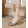 Square Head High Heels Women's Bow Rhinestone Red Wedding Shoes Bride Shoes 2025 New Spring and Autumn French Thick Heel Single Shoes