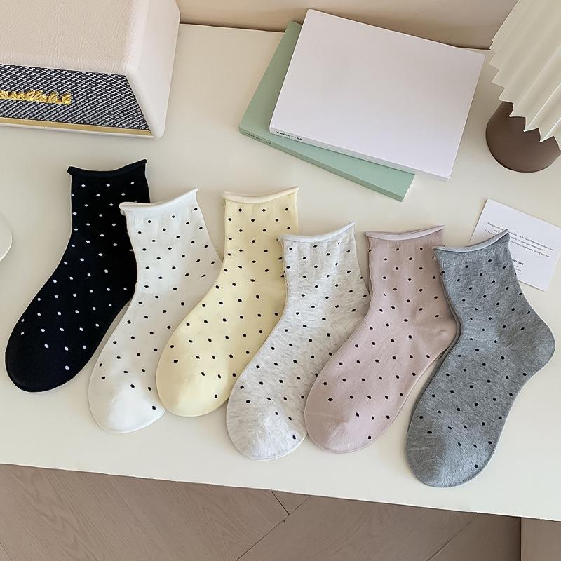 Polka-Dot-Baumwollsocken im koreanischen Stil für Damen – Atmungsaktiv, Weich, Wadenhoch, Umgeschlagener Rand, Lockere Passform – Perfekt für Frühling und Herbst
