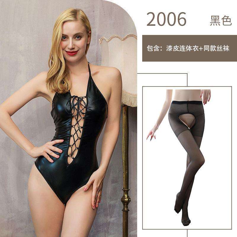 Sex Underwear One-piece Crotch Nightclub Performance Uniform Neck Strap Patent Leather Game Character Clothes