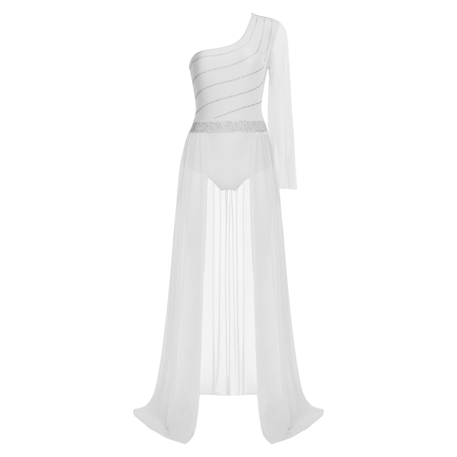 

Жіноча лірична танцювальна сукня на одне плече з прозорої сітки з рукавами-кльош, прикрашена стразами, з пишною спідницею з розрізом S білий