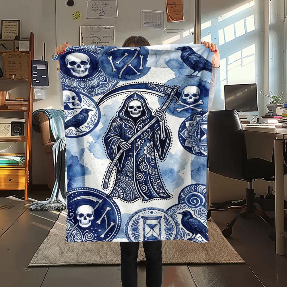 1Pc Death Print Flannel Blanket, High quality Comfortable for All Seasons, Home Decor, Warmth and Comfort, Perfect for Christmas Gifts W155