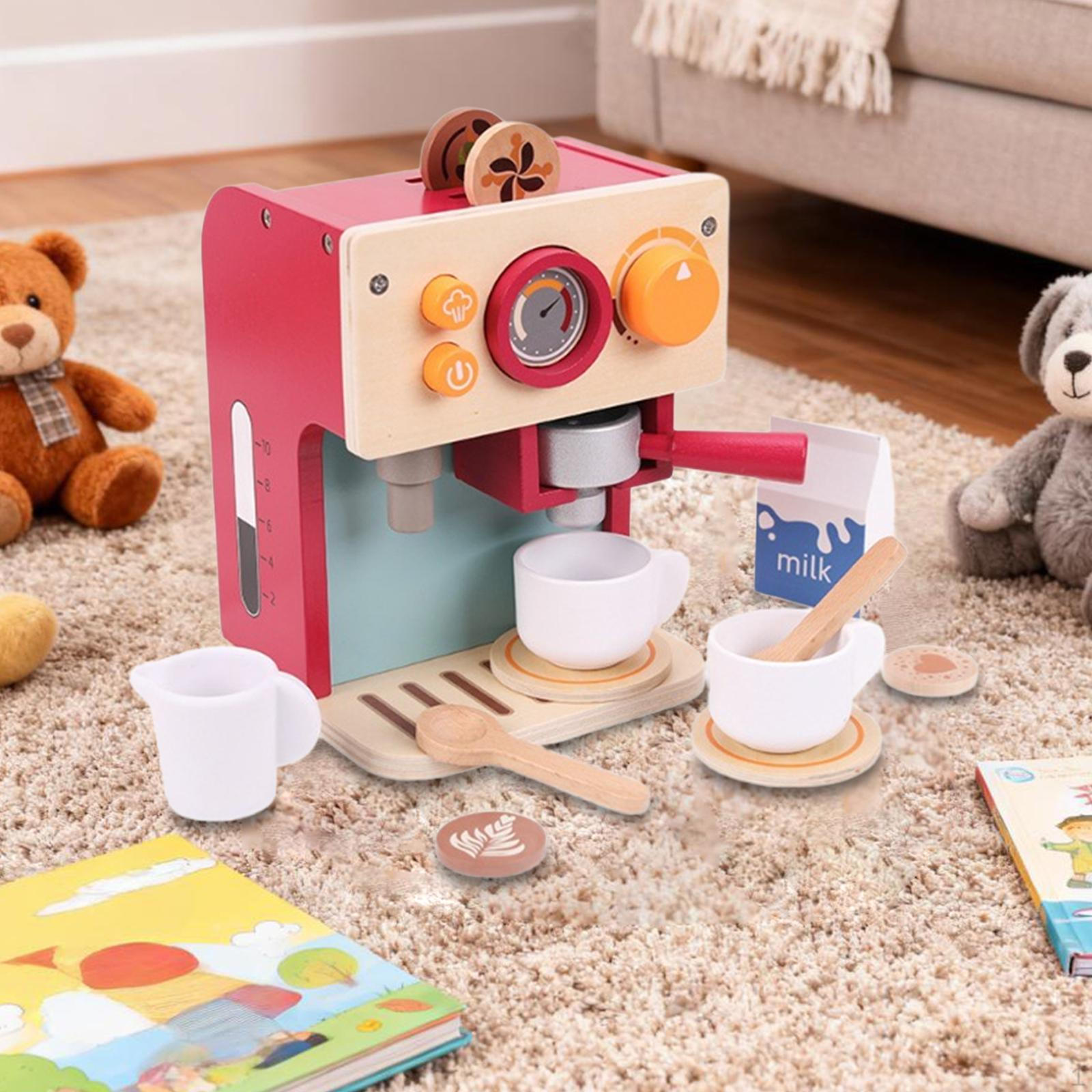 

Toy Coffee Maker Pretend Play Holiday Gifts with Cups, Coasters, Spoons Educational Wooden Kitchen
