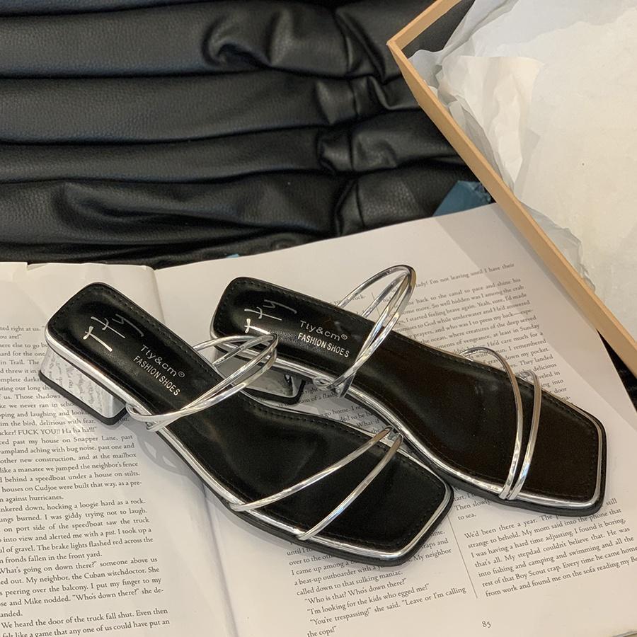 

Fashion Bailamos 2025 Summer Womens Slippers Elegant Female Sandals Square Toe Clip-toe Low Heel Slippers 2025 Sandalias Beach Slides 39 серебряный