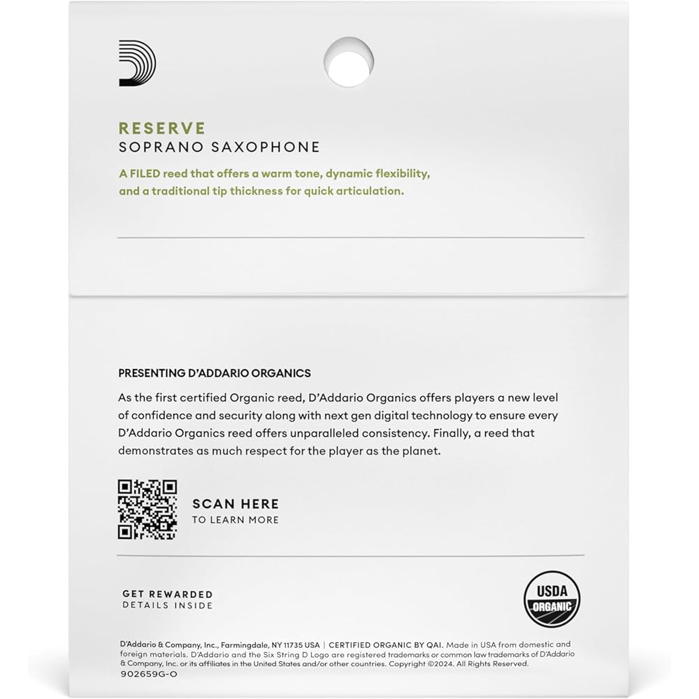 D'Addario WoodWinds Daddario Reed for Soprano Saxophones USDA Organic Certified RESERVE ODIR0330 ...