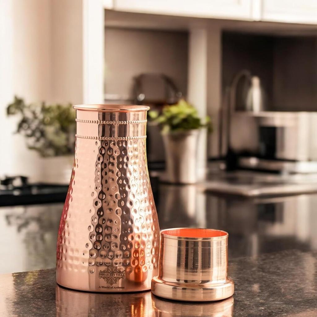 Pure Copper Bedroom Water Bottle with Inbuilt Glass, Hammered Shine Design, Drinkware and Storage Purpose, 950 ml