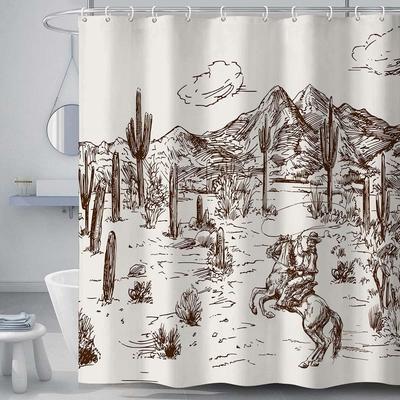 Western Denim Shower Curtain Farmhouse for Bathroom Village Cactus Desert Riding Shower Curtain with Hook 180x180cm