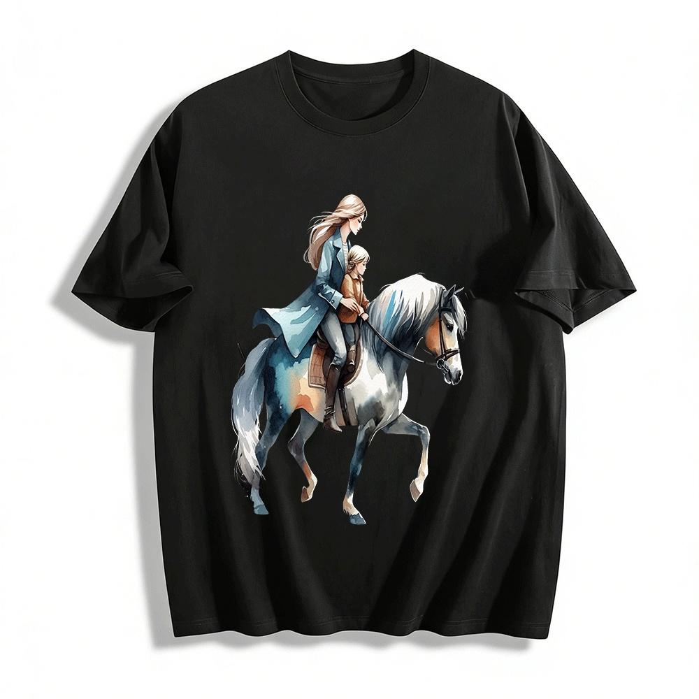 Mother And Child Horse Riding Print Casual Top Pure cotton T-shirt XXS