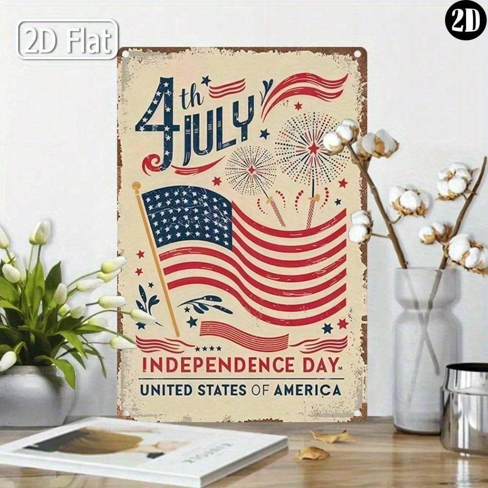 Vintage Metal Sign Patriotic Flag Firework Wall Decor for Home Office 20x30 Cm
