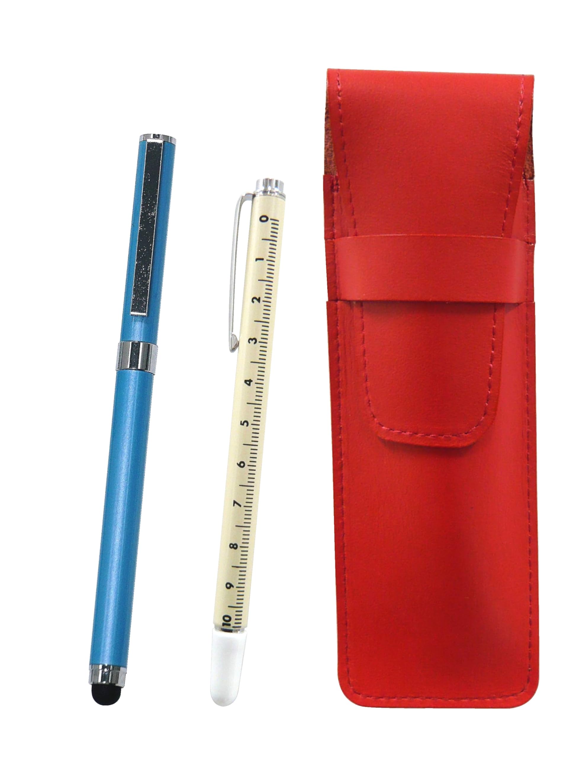 

Slim Cowhide Leather Pen Case with Slide Measuring Smartphone and Metal Cap Ballpoint Pen Extra Set 2-Pack (Red) Stick, Touch, (Blue)