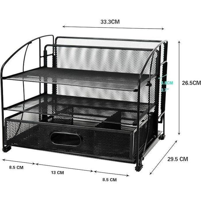 Organisateur De Bureau - Exerz - 3 Plateaux - Tiroir Coulissant - Métal Maillé - Noir Nouveau