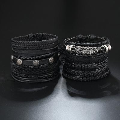 Hot-selling Men's Retro Style Alloy Feather Star Woven Bracelet, Cross-border DIY Leather Woven Combination Set