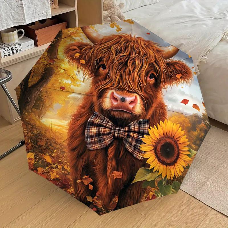Autumn Bow Tie Highland Cow Sunflower Print Umbrella - Portable Folding Design, Iron Frame, Outdoor Rain Gear, Festival Gift for Fans, Trave