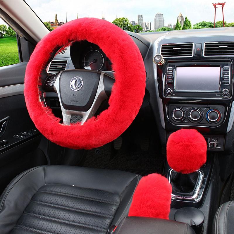 Männer Frauen Warm Plüsch Auto Lenkradbezug Winter Universal 36cm Weich Flauschig Handbremse Schalthebelbezug Auto Innenzubehör