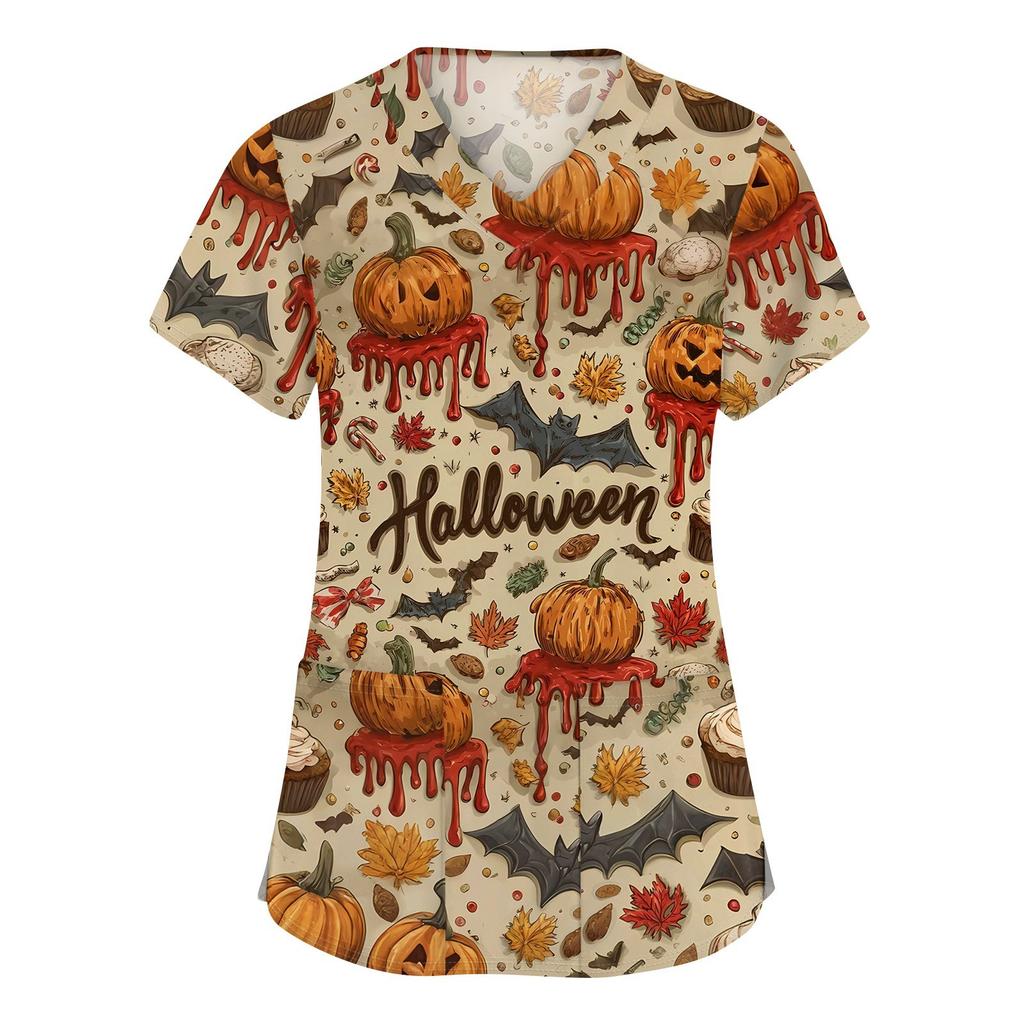 Damenmode V-Ausschnitt Kurzarm Arbeitskleidung mit Taschen Halloween bedruckte Tops