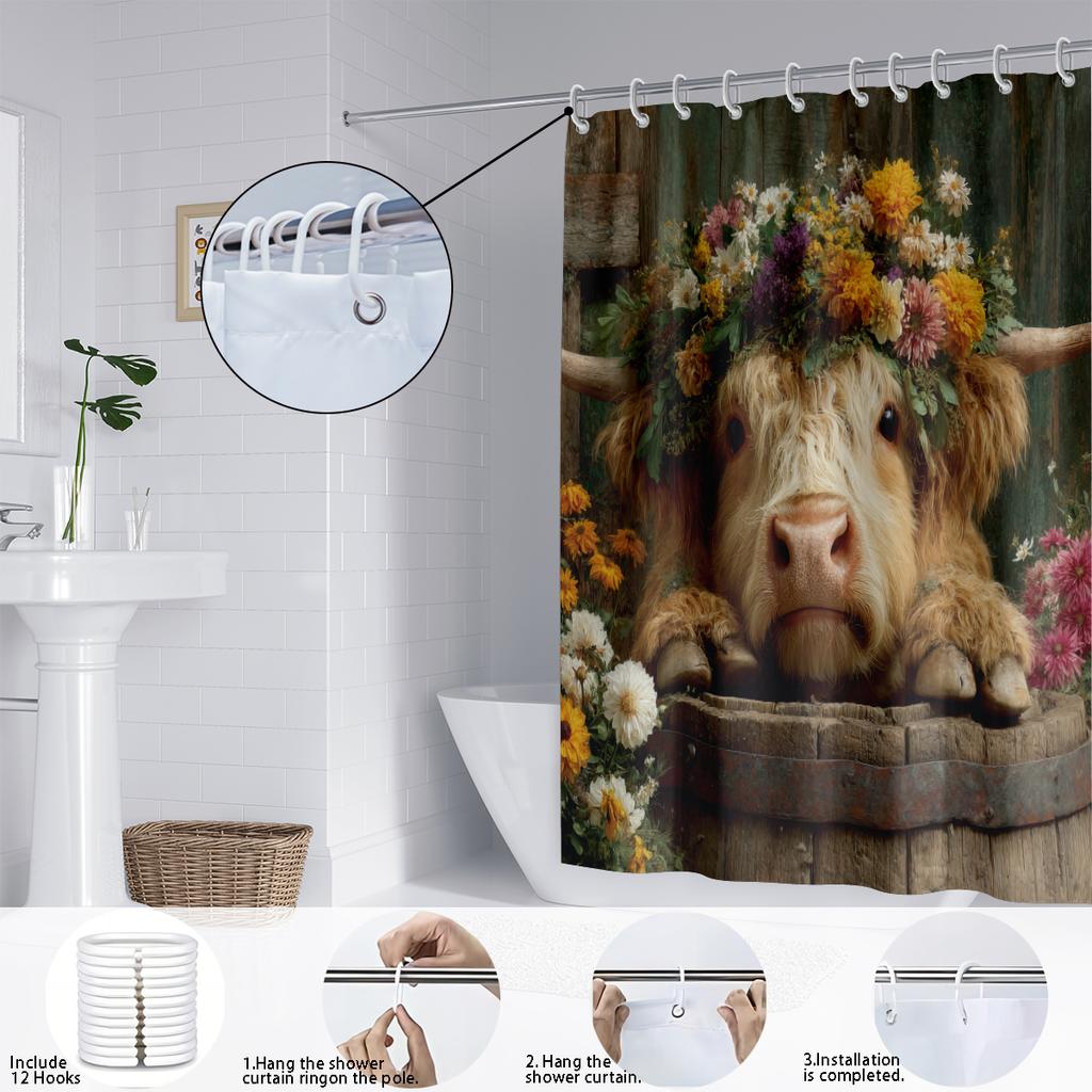 1 st Highland Cow Blomtryck Vattentät Duschdraperi Partition Sekretess Hängande Draperi 12 Krok Flera Storlekar Maskintvättbar
