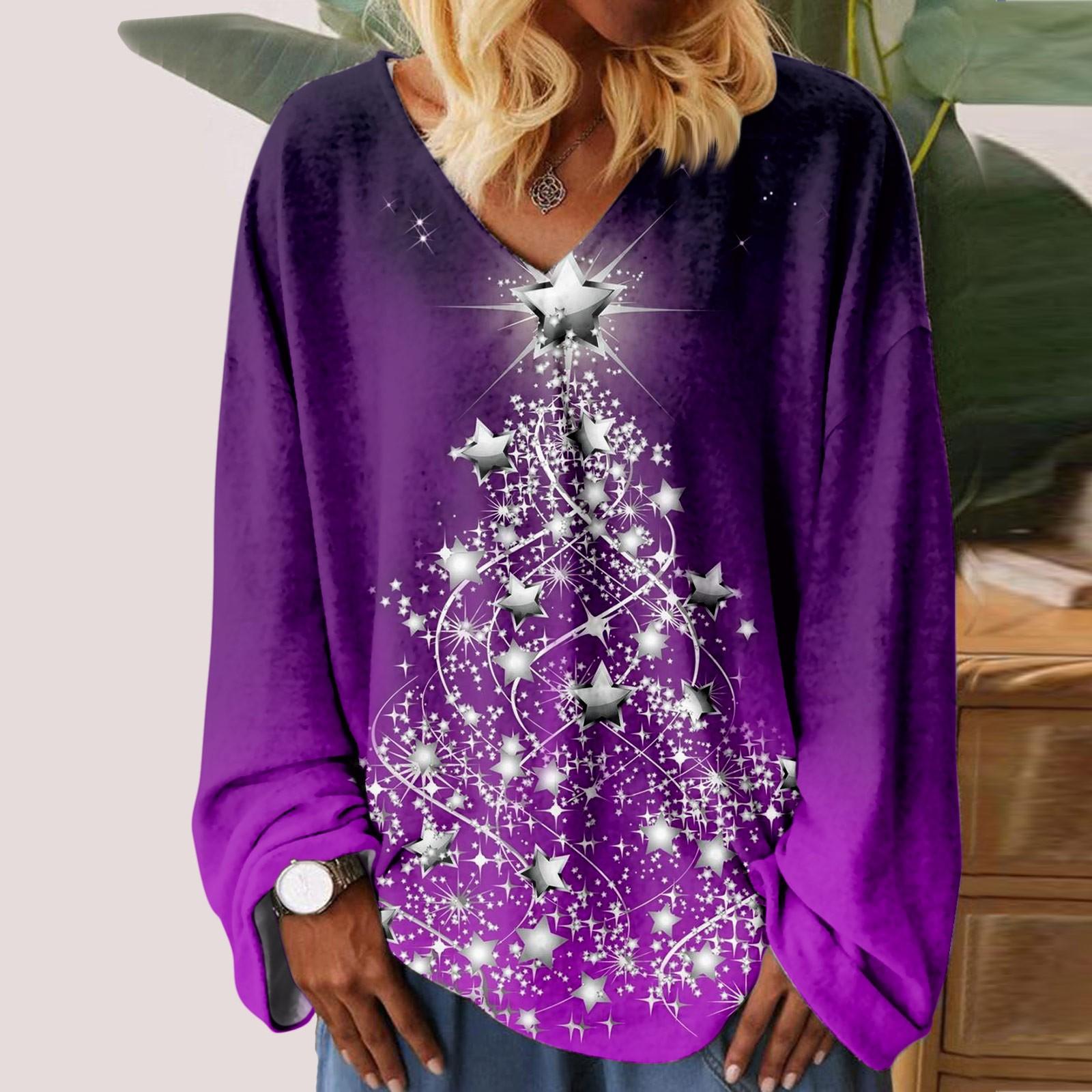 

Женская свободная футболка с v-образным вырезом и рождественским принтом, длинными рукавами, топы с прямыми рукавами для женщин XL фиолетовый