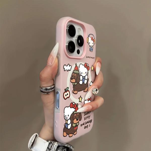 Hello Kitty and Dog Magnetic Case for iPhone 17 Pro Max, 16, 15 Pro, 14 - Cute Cartoon Design