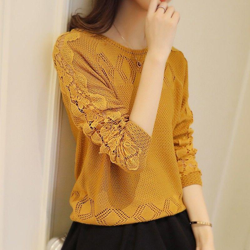 Autumn and Winter Clothing Round Neck Lace Crochet Long Sleeved Hollow Knit Sweater Women's Sweater Loose Fit