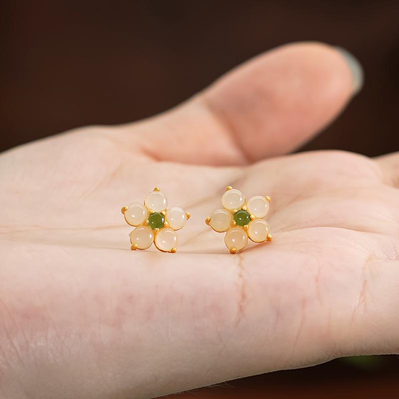 Tichiya Natural Hetian Jade Peach Blossom Earrings, S925 Sterling Silver, Chinese Style, Elegant Flower Design for Women.