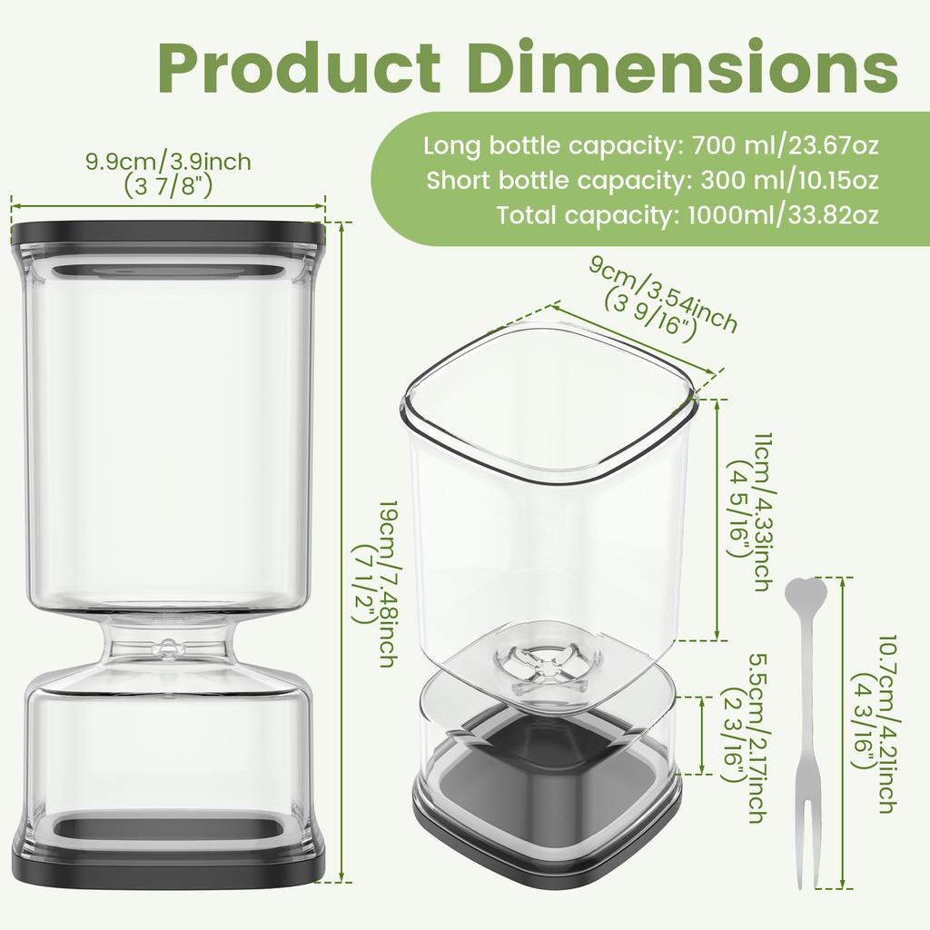 34oz Pickle Flip Jar with Strainer Square Pickle Container with 2 Fork and Timer Recorder Food Storage Container for Gherkins