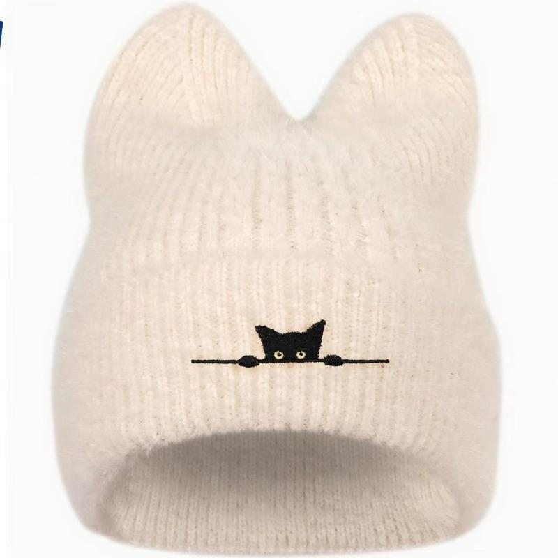 Soft Knitted Cat Ear Embroidered Hat Women Winter Warm Cartoon Hat Outdoor Snow Pullover Hats