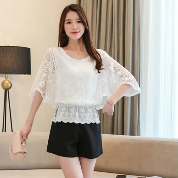 WTEMPO Women's Spring Summer Hollow-out Breathable Shirts Female Retro Elegant Casual Loose Thin Lace Patchwork Tops