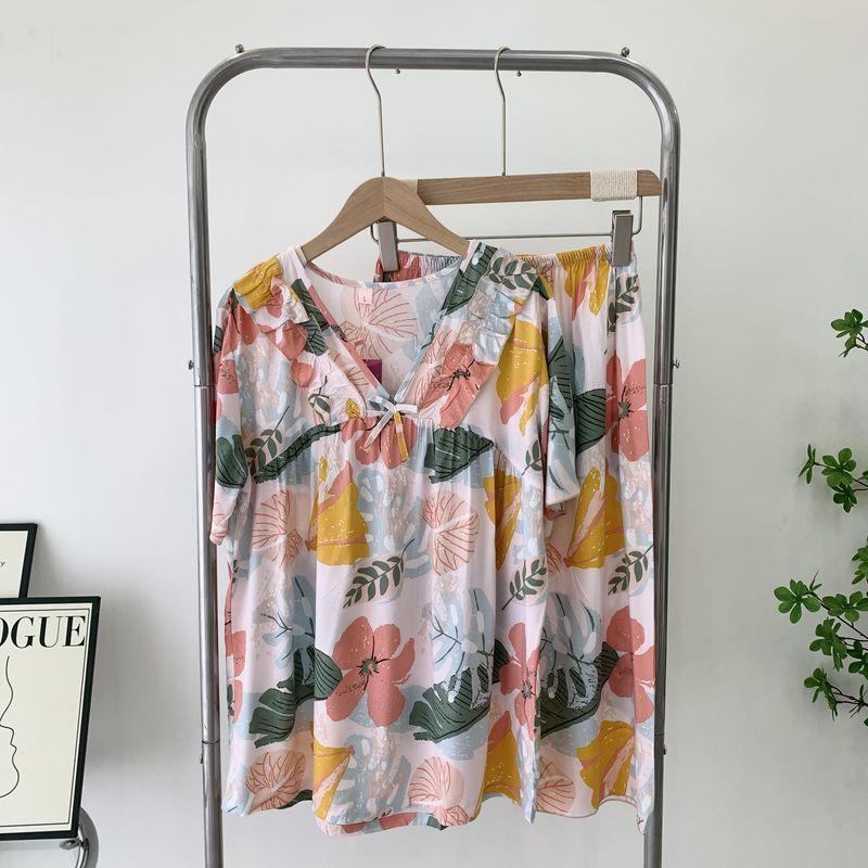 Women's Pajamas Nipple Coverage Summer Thin Cotton Short-Sleeved Cropped Pants Pullover Women's Home Clothes Two-piece Set Short-Sleeved