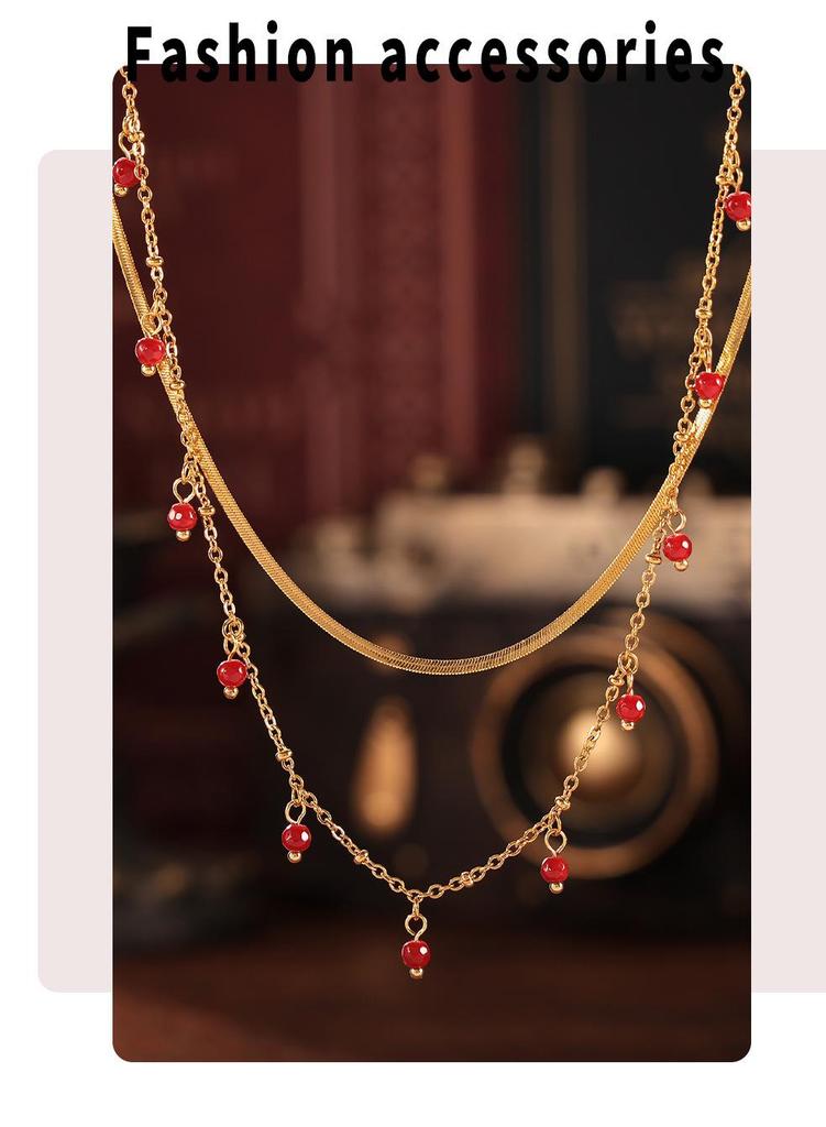 Qiong Yao Handmade Natural Stone Beads Double Layer 18K Gold Plated Choker Necklace for Women