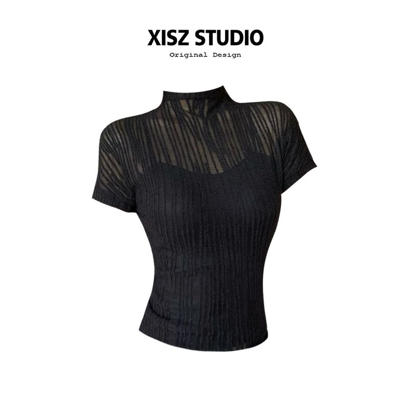 

Retro Gyaru Half-high Collar Sexy Slightly Transparent Black T-shirt Women Spring and Summer Niche Temperament Versitile Fashion Short sleeve Top Black S
