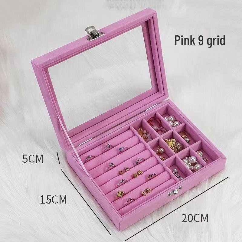 Elegant Velvet Jewelry Box with Lock - Compact Dustproof Storage for Rings, Necklaces, Earrings & More with Glass Lid